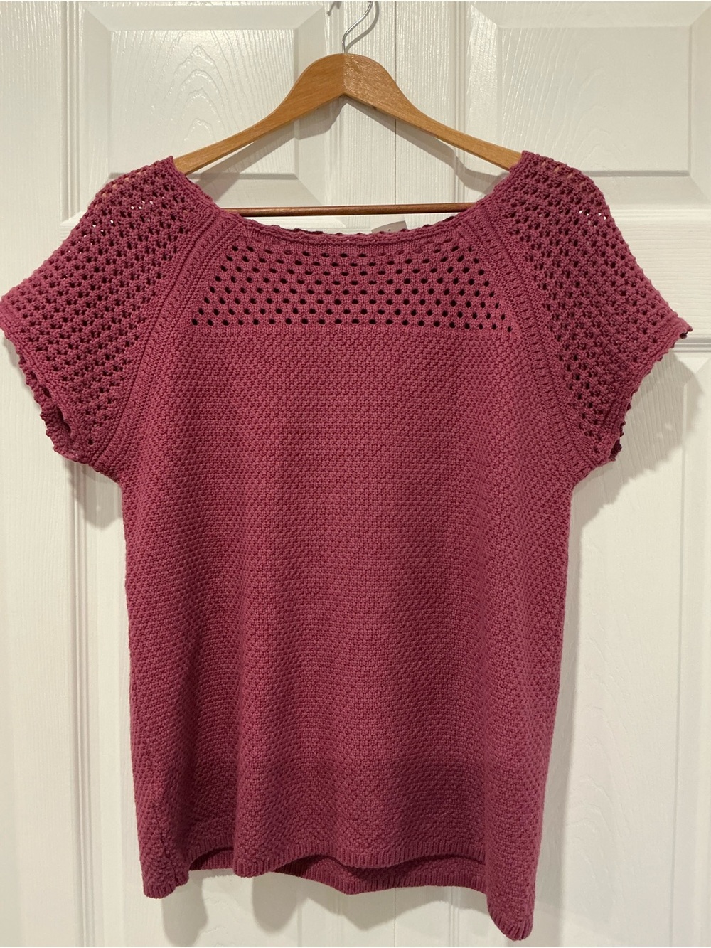 LOFT Raspberry Crochet Yoke Short Sleeve Knit Top Size M NWTs!